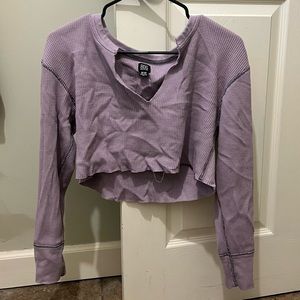 Purple Cropped V Neck Waffle Knit Top Raw Hem Long Sleeve